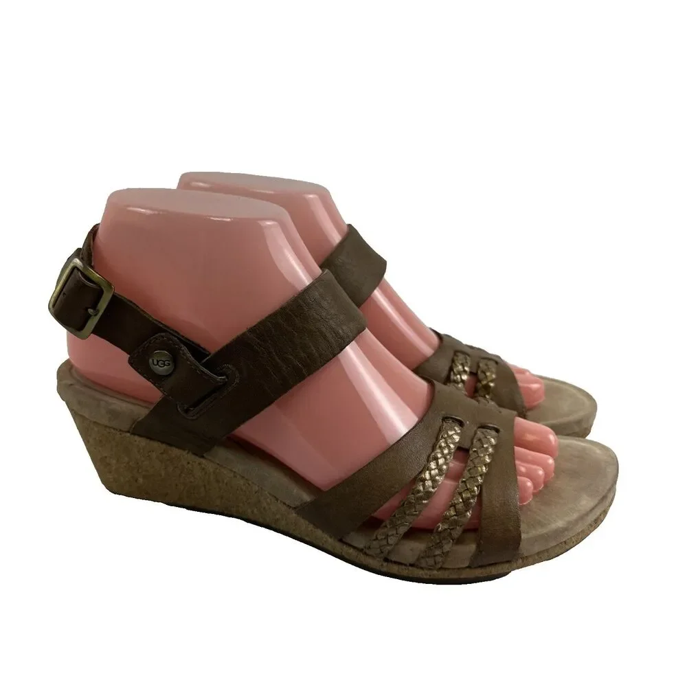 Ugg Serinda Sandal Wedge‎ Brown Tan Leather Ankle Strap Buckle 1014852 Womens 8